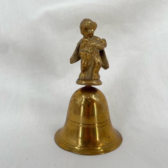 Vintage Brass Angel Cherub Hand Bell Holiday Decor - Picture 3 of 9